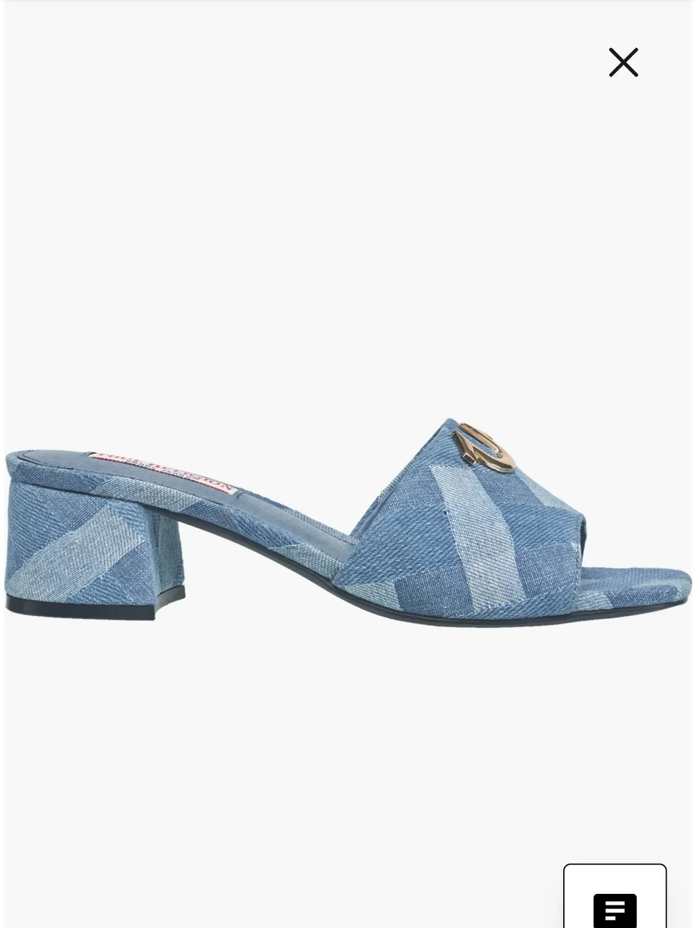 True Religion Blue Denim Single Strap Logo Block-Print Sandal Heels Size 6